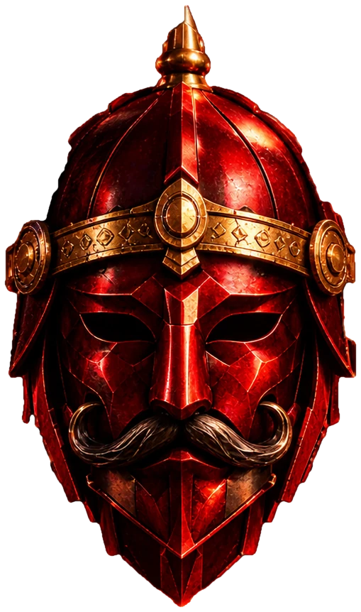 The NEIT mask: a red warrior helmet with a gold band, a moustache and a pointed finial, standing inside a red halo